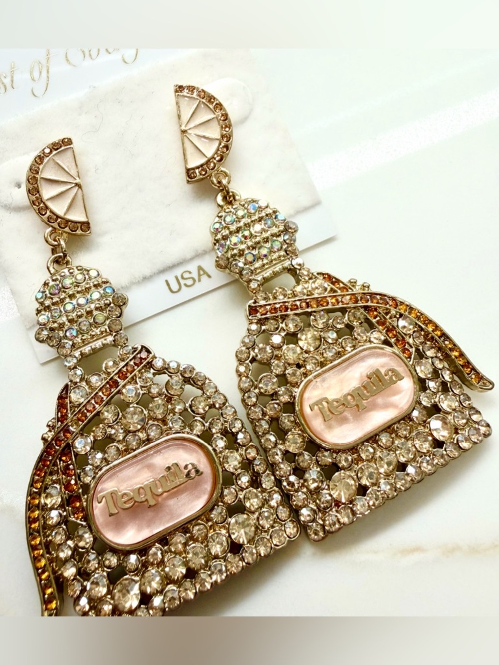 NWT Rose Gold Tequila Bottle Crystal Drop Earrings